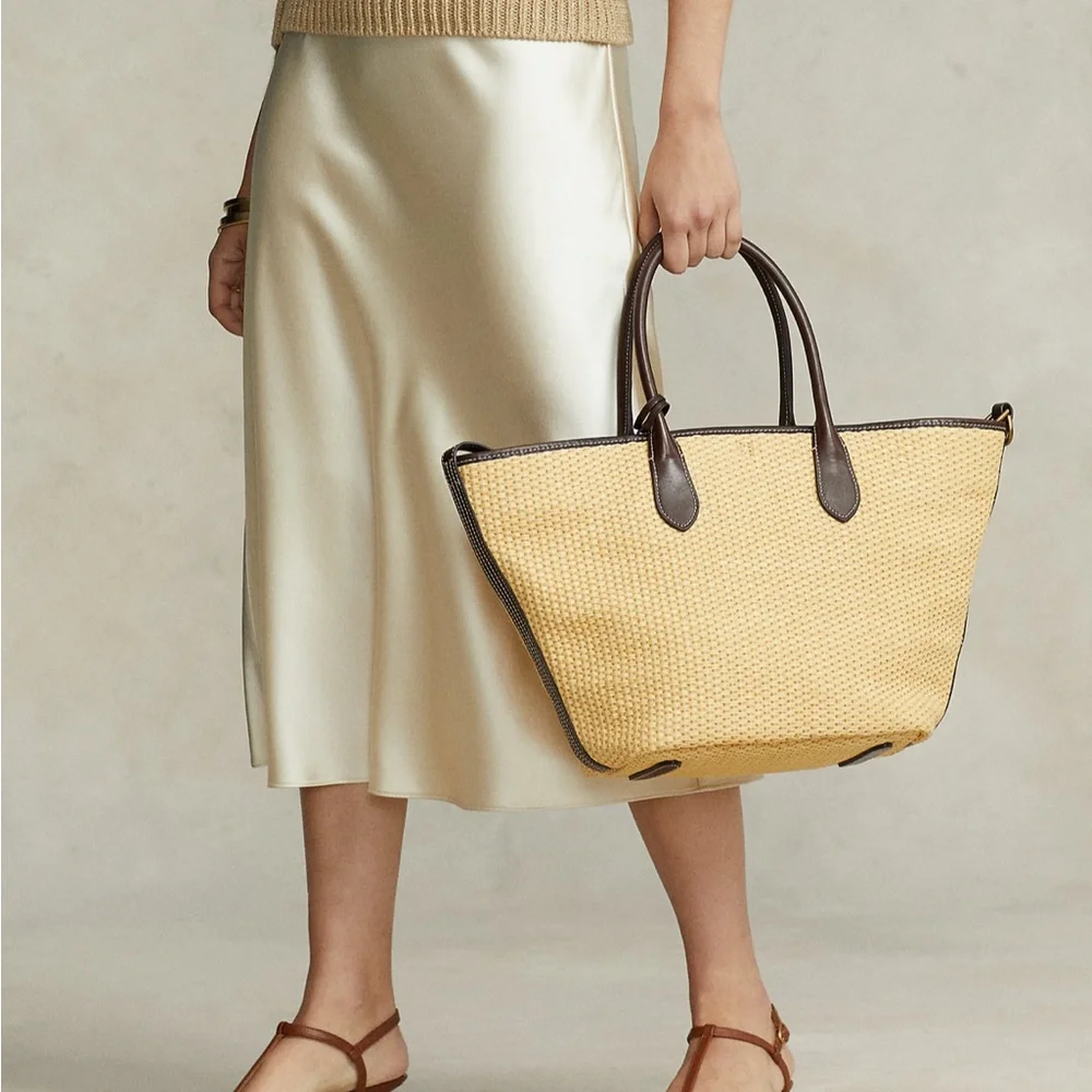 NWT Polo by Ralph Lauren Leather-Trim Straw Medium Bellport Tote - Picture 7 of 14